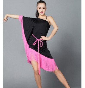 Black colored one shoulder irregular one shoulder tassels  hem  women's ladies female samba salsa cha cha latin dance dresses with sashes and shorts